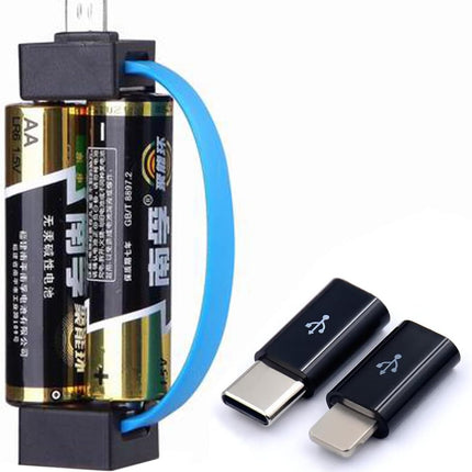 Portable Magnetic AA/AAA Battery Phone Emergency Charger with Microusb-Lightning Adapter and Microusb-Typec Adapter Suit for Cell Phone Smart Devices