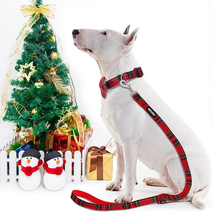 Christmas Buffalo Dog Collar and Leash Set, Classic Plaid Collar with Removable Bowtie and Matching Leash for Large Dogs