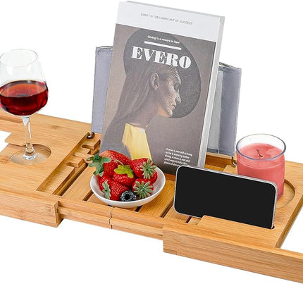 Bamboo Bathtub Caddy Tray Bath Tray for Tub, Adjustable Bathroom Bathtub Organizer with Book Tablet Wine Glass Cup Towel Holder
