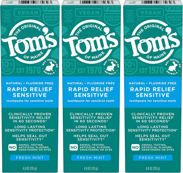 Fluoride-Free Rapid Relief Sensitive Toothpaste, Fresh Mint, 4 Oz. 3-Pack (Packaging May Vary)