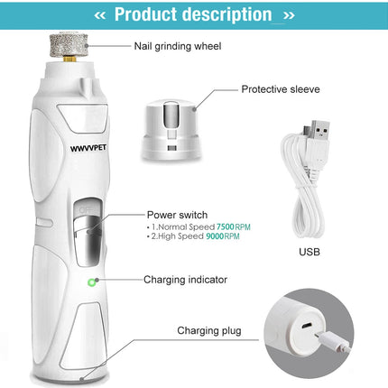 Pet Nail Grinder with LED Light & 2 Grinding Heads, 2-Speed Low Noise & More Powerful Dog Nail Grinder, Pet Nail Trimmer File, Painless Paw Claw Care, Quiet Toenail Grooming Tool for L/M/S Dogs/Cats