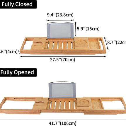Bamboo Bathtub Caddy Tray Bath Tray for Tub, Adjustable Bathroom Bathtub Organizer with Book Tablet Wine Glass Cup Towel Holder
