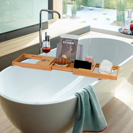Bamboo Bathtub Caddy Tray Bath Tray for Tub, Adjustable Bathroom Bathtub Organizer with Book Tablet Wine Glass Cup Towel Holder