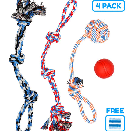 Dog Toy Pack of 4 Large Dog Toys for Aggressive Chewers - Dog Ropes & Ball