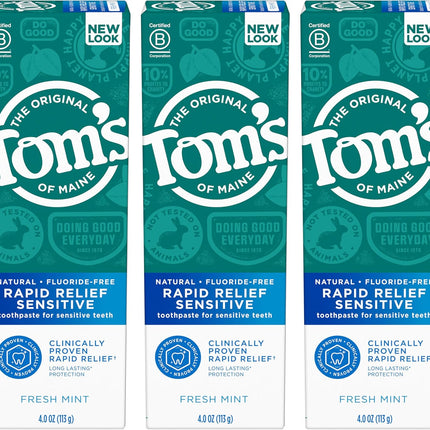 Fluoride-Free Rapid Relief Sensitive Toothpaste, Fresh Mint, 4 Oz. 3-Pack (Packaging May Vary)