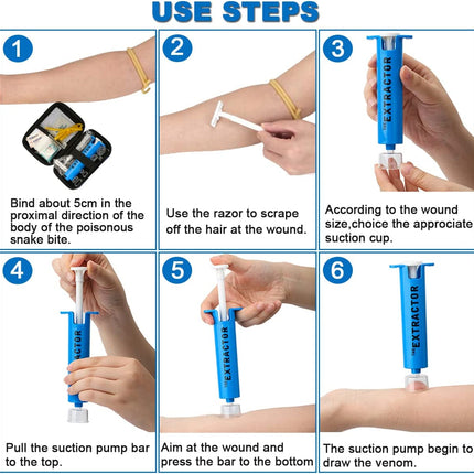 Snake Bite Kit, Bee Sting Kit, Emergency First Aid Supplies, Venom Extractor Suction Pump, Bite and Sting First Aid for Hiking, Backpacking and Camping. Includes Bonus CPR Face Shield (Blue)