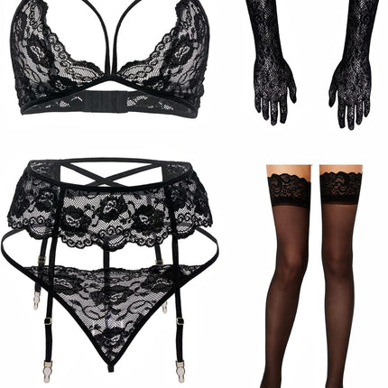 Women Lingerie with Stockings and Gloves or Eye-Mask,Garter Belt Lingerie Set