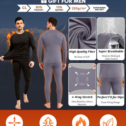 2 Pack Thermal Underwear for Men Long Johns Fleece Lined Base Layer Set Winter Bottom Top 2XS-6XL