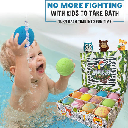 Bath Bombs for Kids with Surprise Inside, 12 Bubble Bath Fizzies with Jungle Animal Toys. Moisturizing, Gentle & Kids Safe, Rainbow Spa Bath Fizz, Birthday Gifts for Boys, Girls