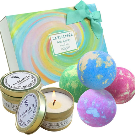 Bath Bombs Scented Candles Set, Handmade Essential Oil Relaxing Bathbombs, Bubble Spa. Bath Bombs for Women Gifts for Women Mothers Day Gifts. Fizzy to Moisturize Dry Skin (4 Bath Bomb+2 Candles)
