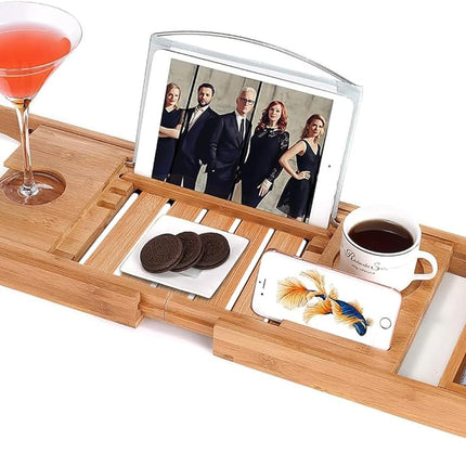 Bamboo Bathtub Caddy Tray Bath Tray for Tub, Adjustable Bathroom Bathtub Organizer with Book Tablet Wine Glass Cup Towel Holder