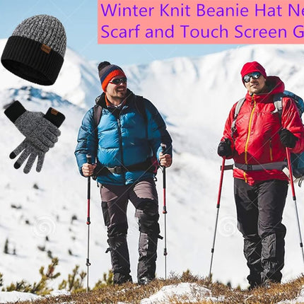 Mens Winter Scarf Hats and Gloves Set Knit Beanie Hat Warmer Scarfs and Touchscreen Glove 3 Pcs for Men