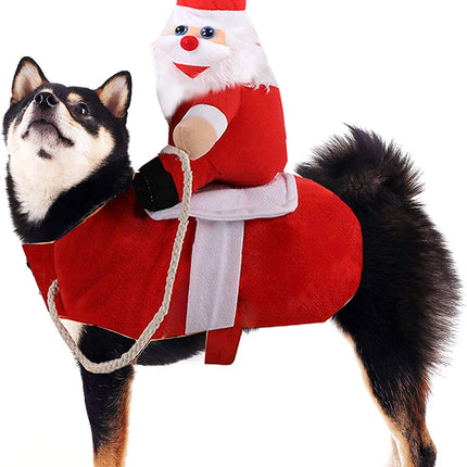 Christmas Dog Santa Claus Costume, Funny Pet Cat Halloween Cosplay, Riding, Red, Large, Polyester Cotton, Easy to Clean, Adjustable, Comfortable, Water Resistant, All Breeds, All Life Stages