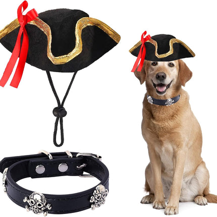 2 Pieces Pet Pirate Hat with Skull Studded Pet Leather Collar Pirate Cosplay Costume Accessories Photo Props for Cat Dog Puppy Halloween Dressing up (B)