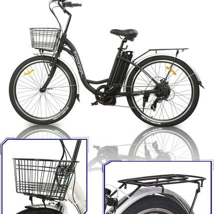 Citycruiser Electric Bike 26" E Bike 350W Motor Bicycles Removable 36V 10AH Lithium Battery Commute Step-Through Ebike Moped for Adults with Basket Shimano 7 Speed Gears