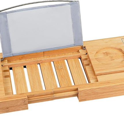 Bamboo Bathtub Caddy Tray Bath Tray for Tub, Adjustable Bathroom Bathtub Organizer with Book Tablet Wine Glass Cup Towel Holder